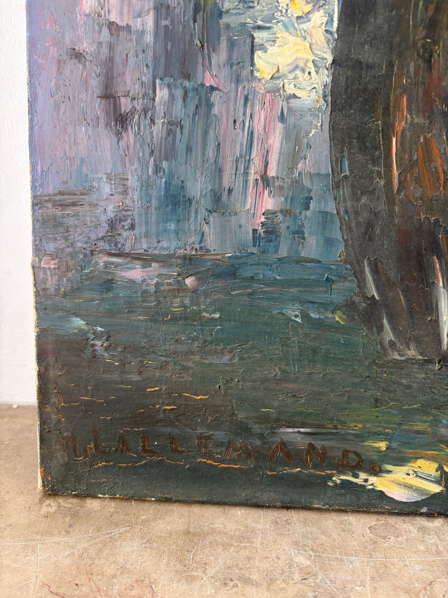 Bouquet, huile au couteau, signée Lallemand