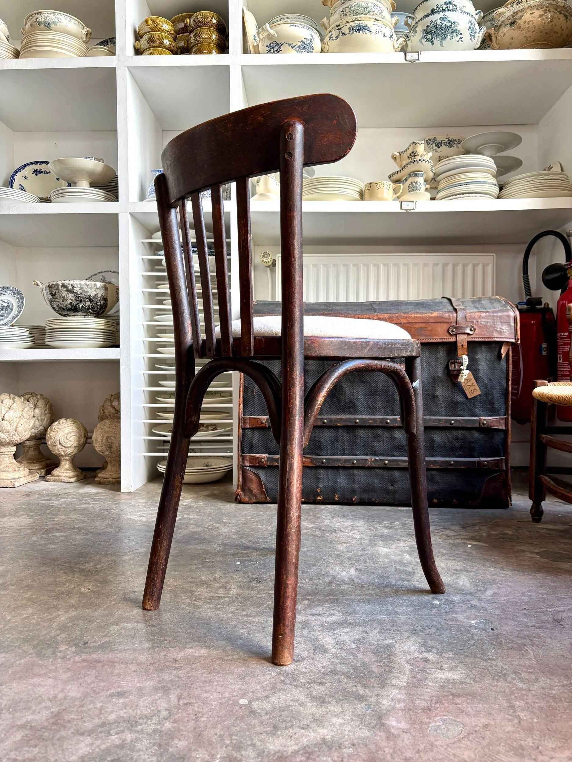 Bistro chair in bent beech and beige mixed fabric.