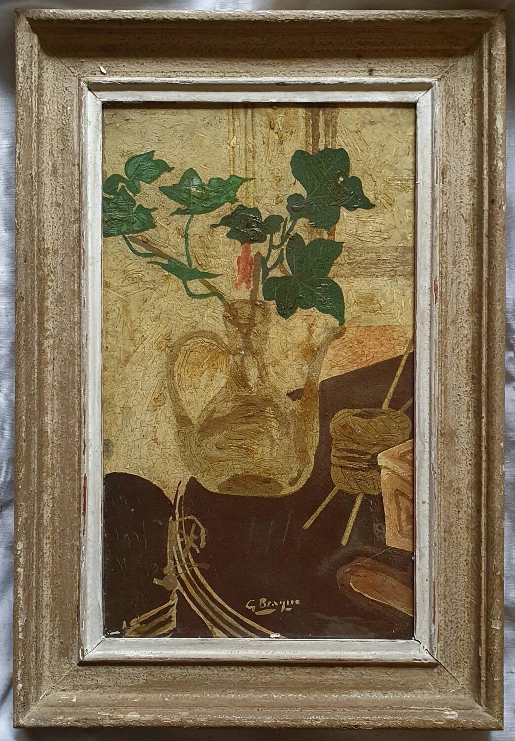 Antique still life painting with vase of ivy signed George Braque