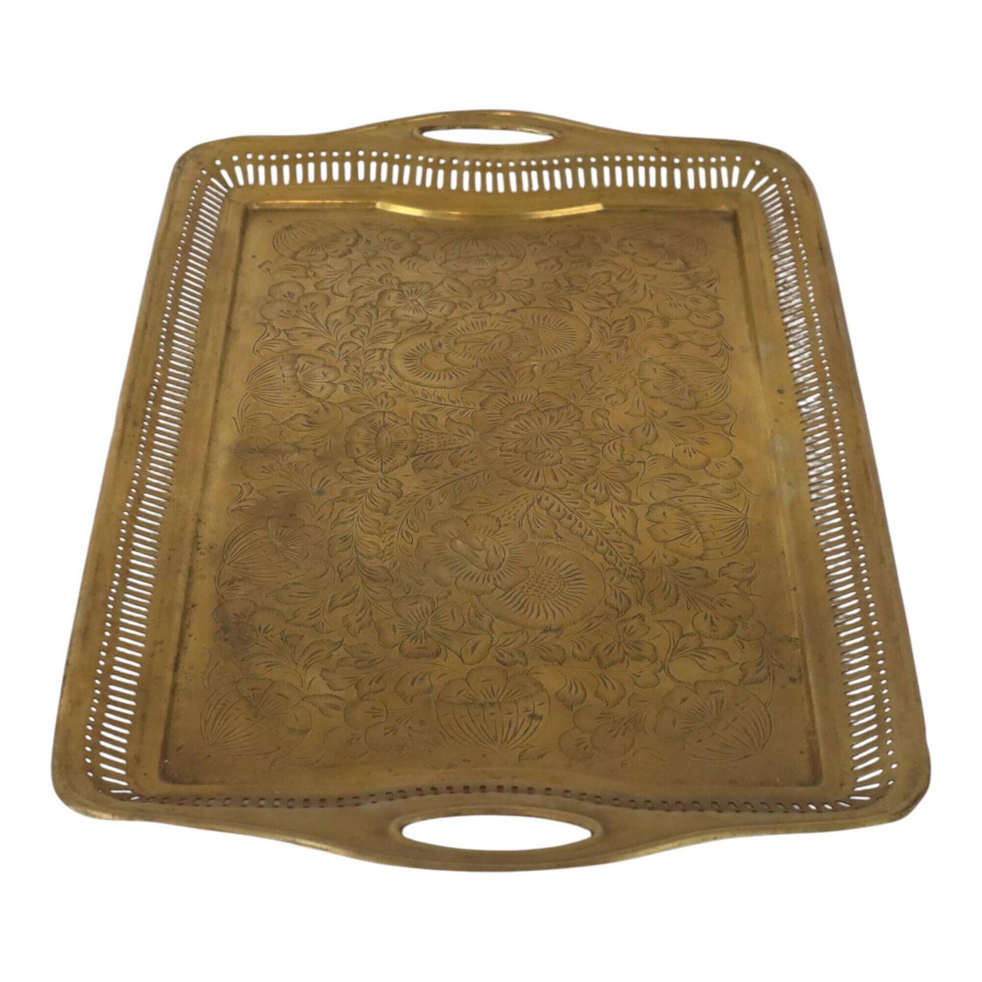 Vintage Oriental Brass Tray with Floral Decoration, 50 cm