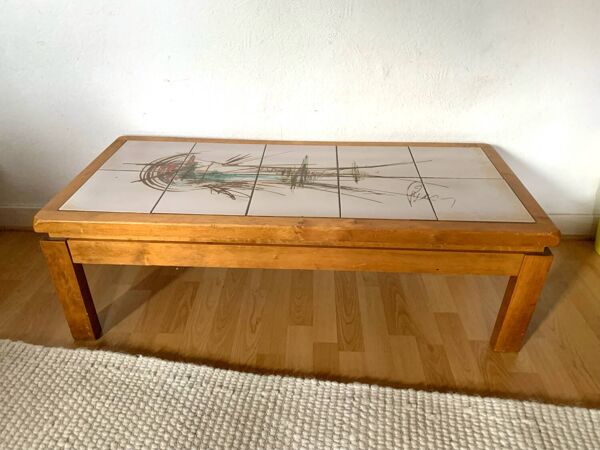 Table basse de salon vintage orme et ceramique