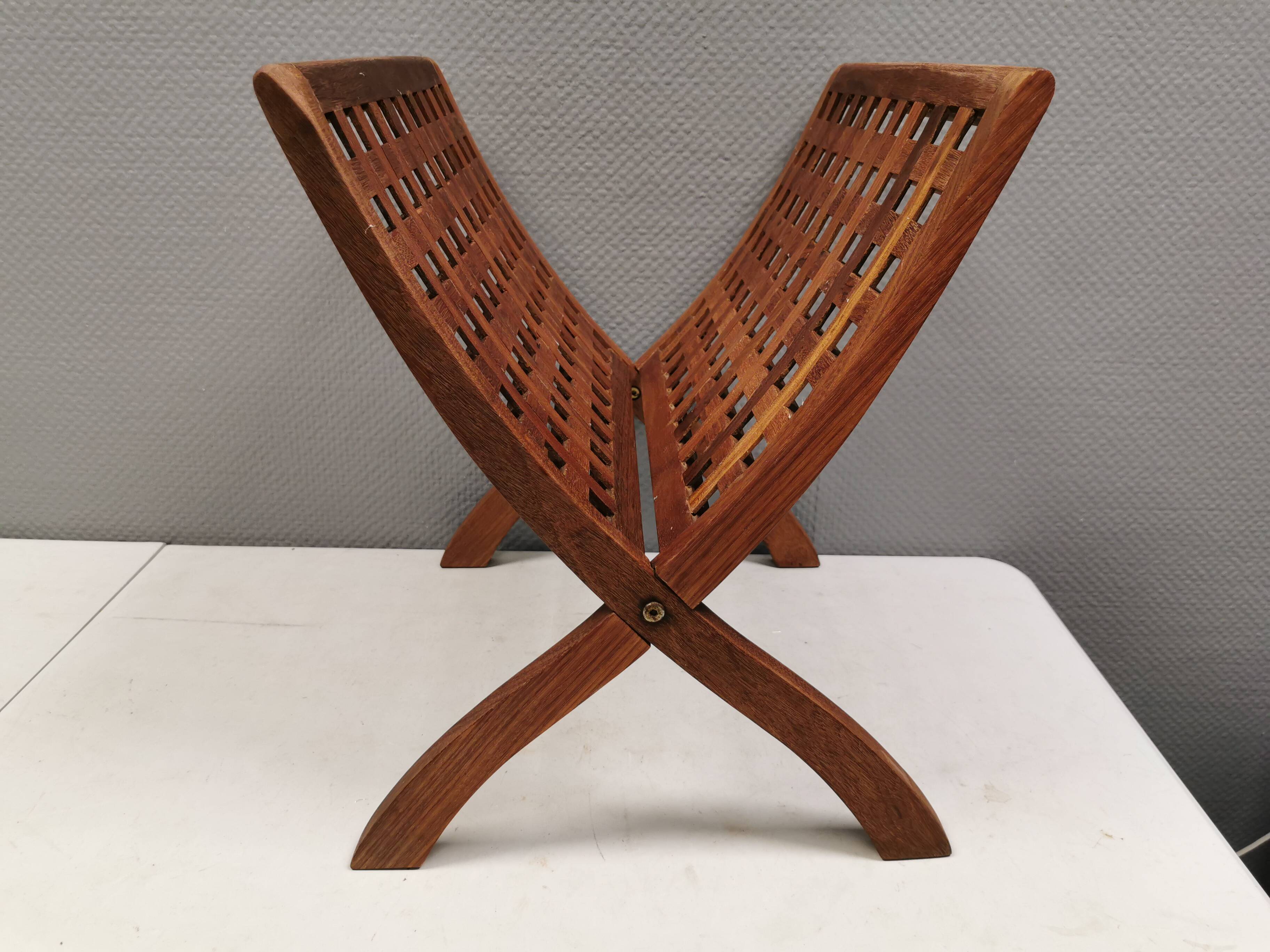 Teak newspaper/magazine rack, Danish, estimated 1970s–80s.