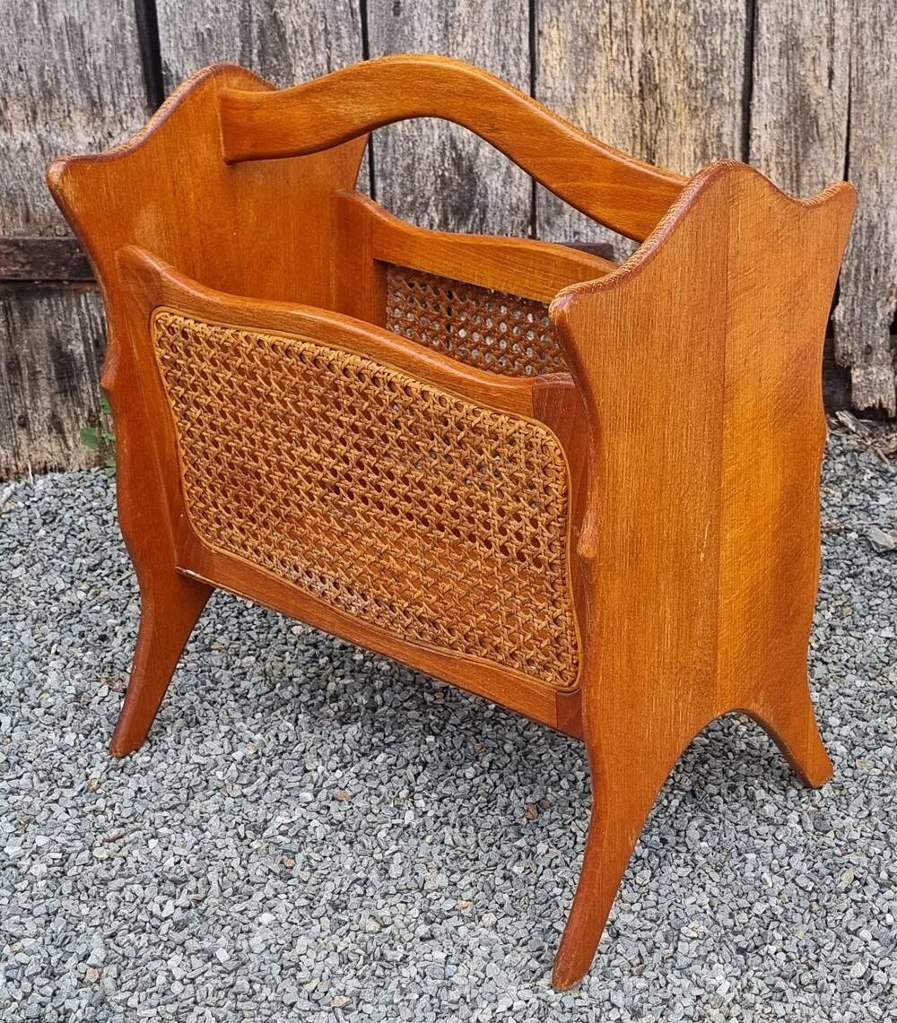 Magazine rack, wood and canework, vintage, 70s - 80s
