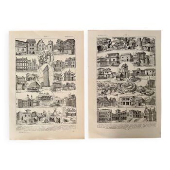 Set of 2 lithographs on dwellings - 1920
