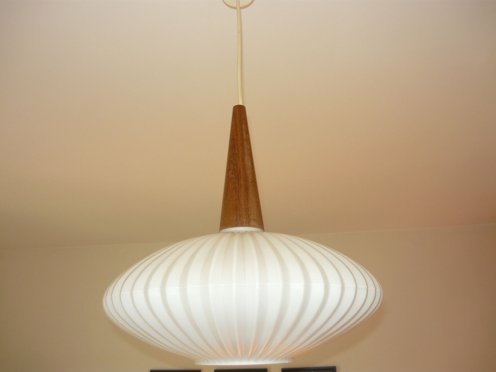 Teak and opaline suspension by louis kalff years 60
