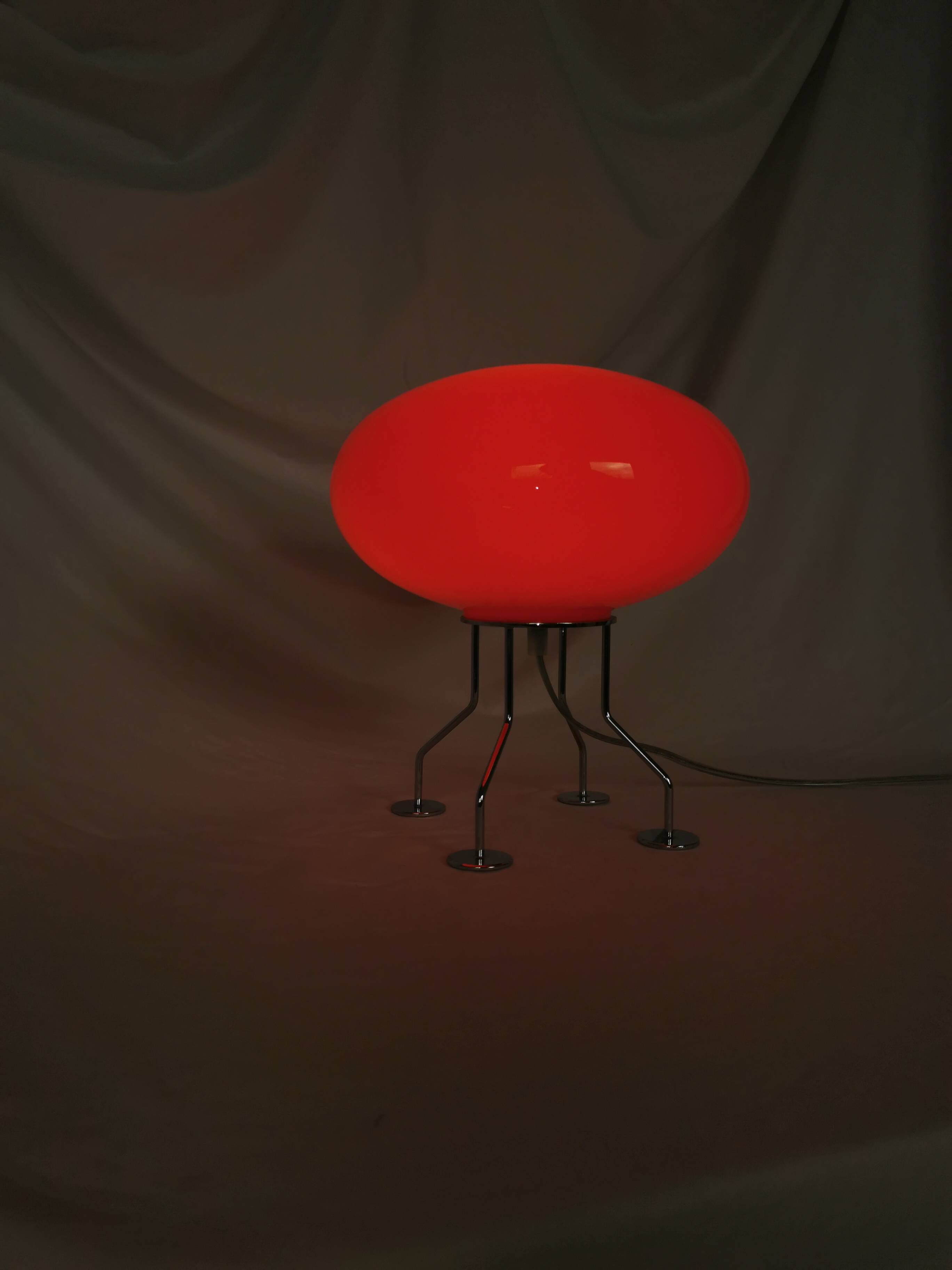 Red ufo mushroom lamp, space age, opaline and chrome steel.