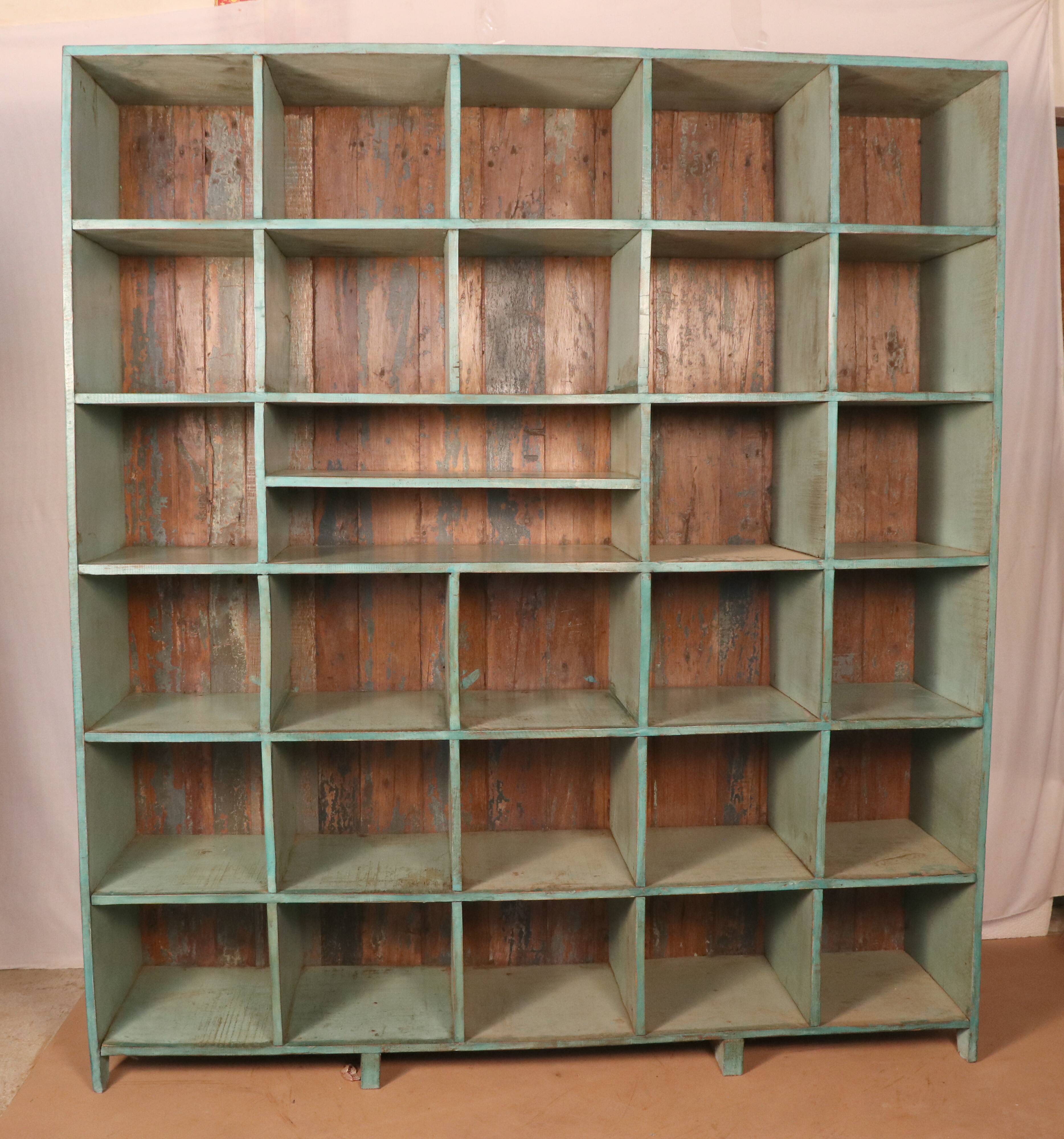 Old workshop shelf in original green-blue patina Burmese teak