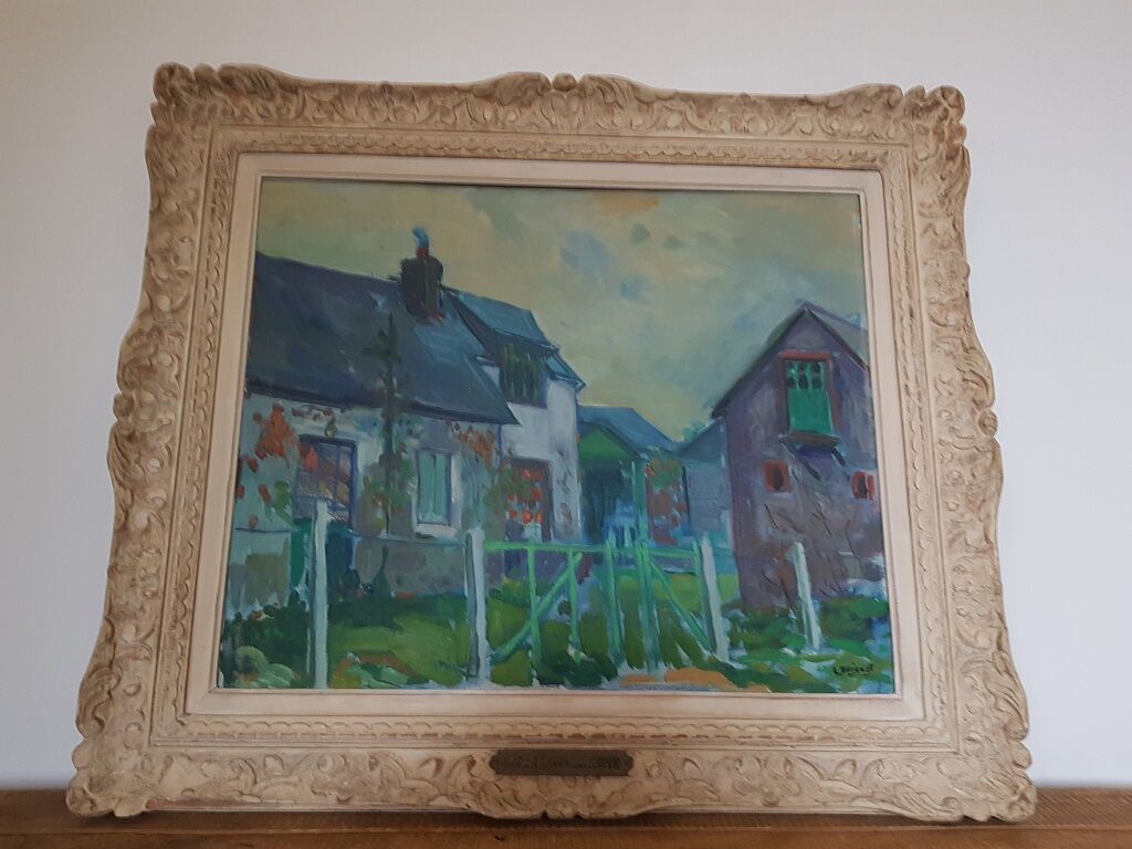 Old oil on canvas painting framed houses