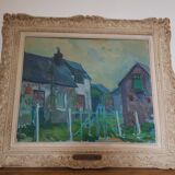 Old oil on canvas painting framed houses