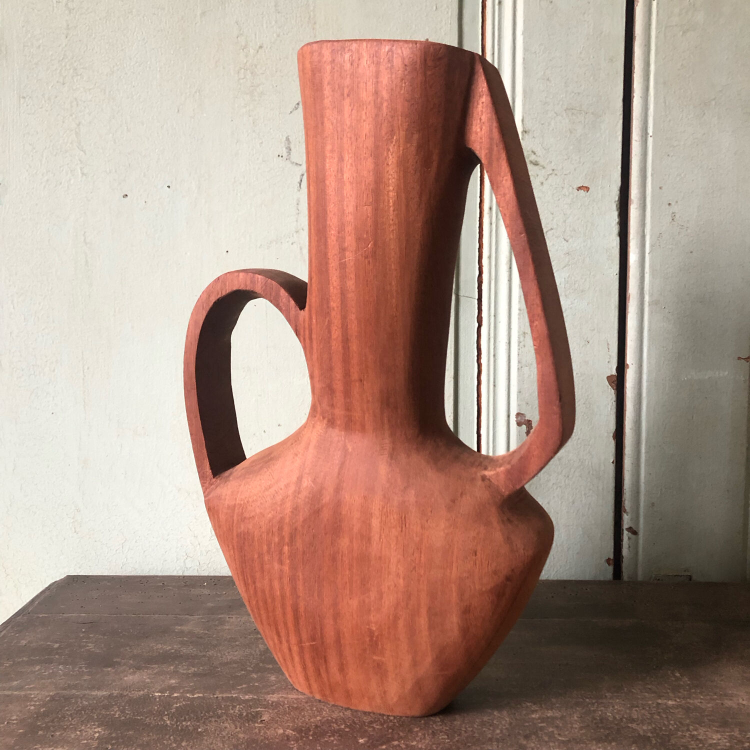 Vase in carved teak wood, 60s