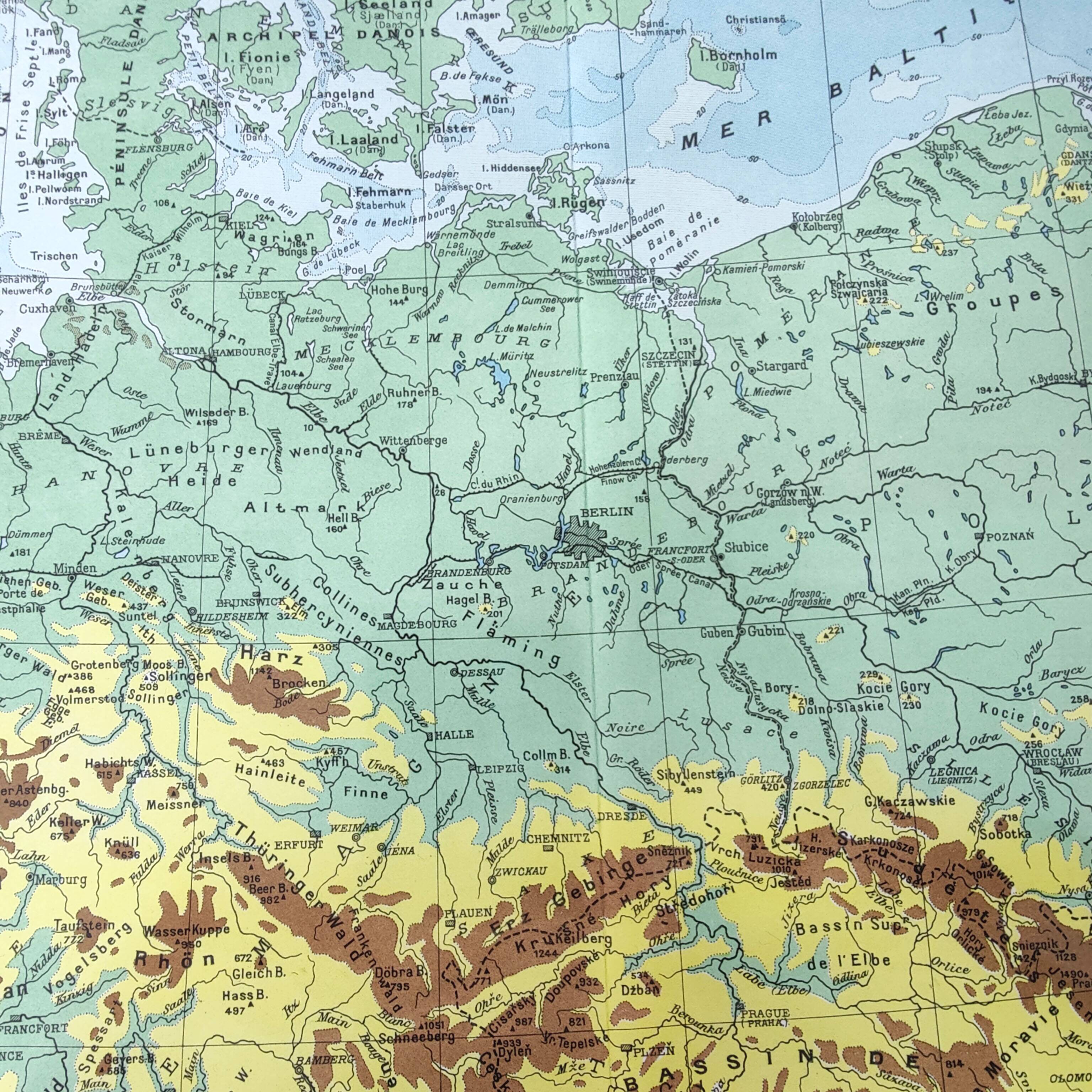 Old map of Northern Europe, Germany, Poland, Denmark, 43x43cm, from 1950