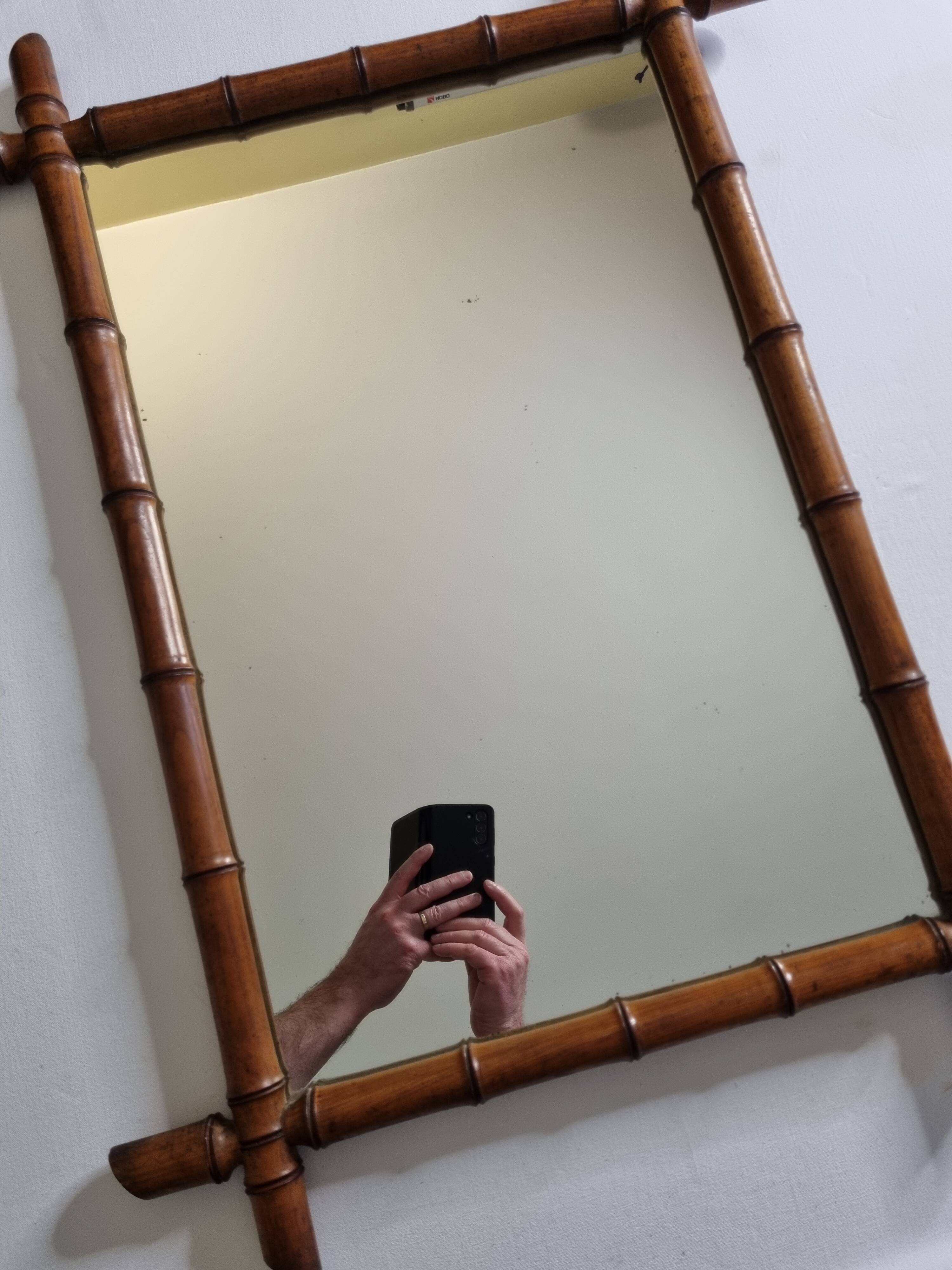 Large turned wooden bamboo mirror, 55 x 78 cm, circa 1900