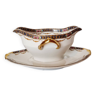 Beautiful Limoges Saucière from 1920 with a floral frieze and golden decorations