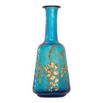 Legras carafe en verre émaillé bleu à décor d'une glycine