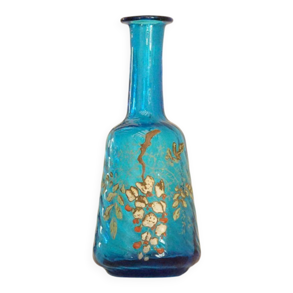 Legras carafe en verre émaillé bleu à décor d'une glycine