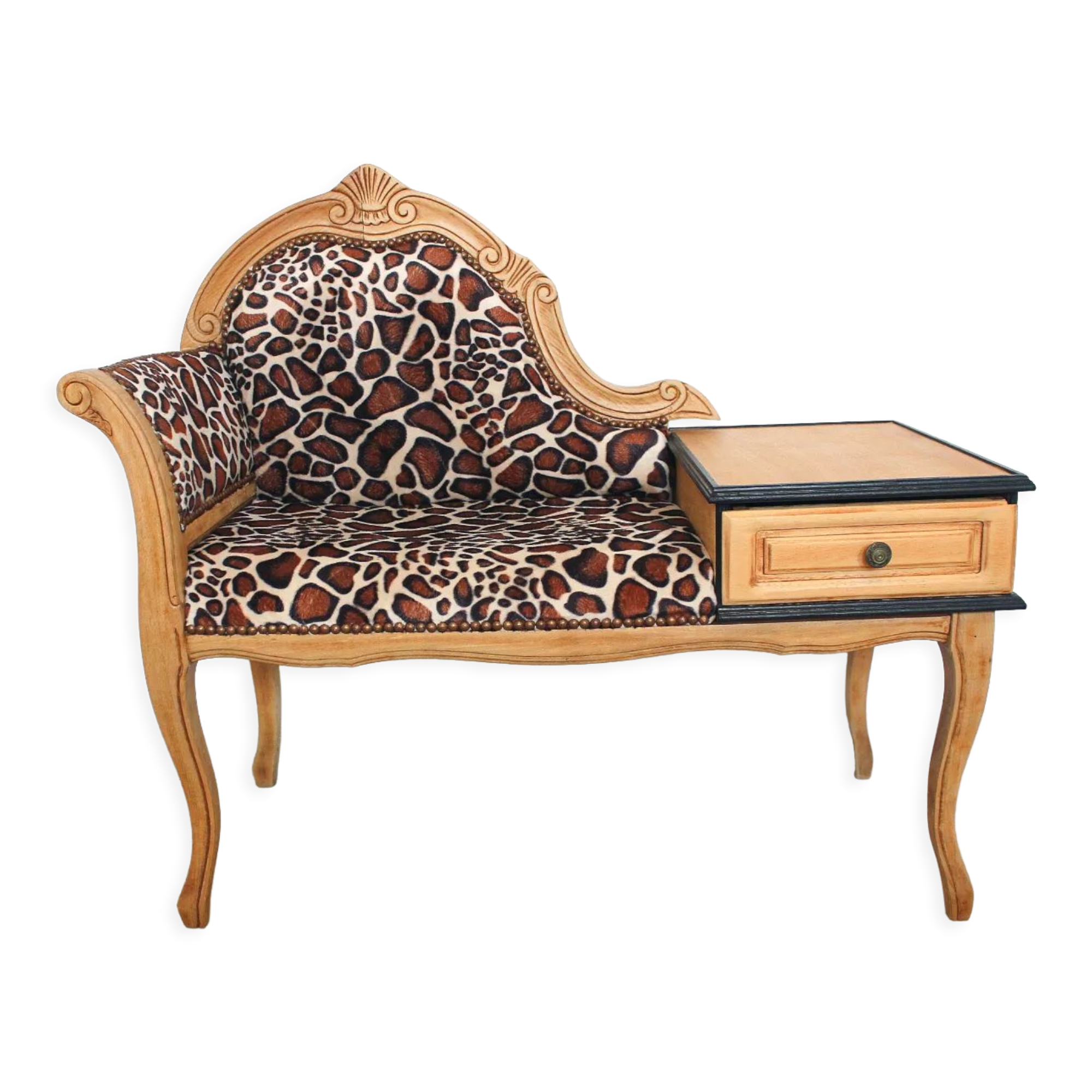 1970s armchair telephone cabinet - leopard giraffe fabric