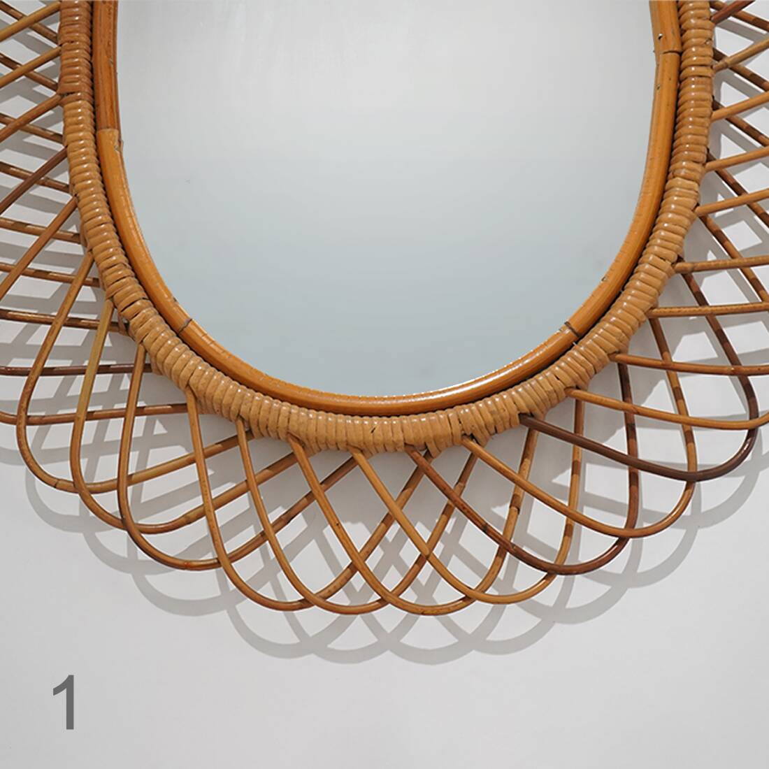 Wall mirror with rattan frame, 1950s