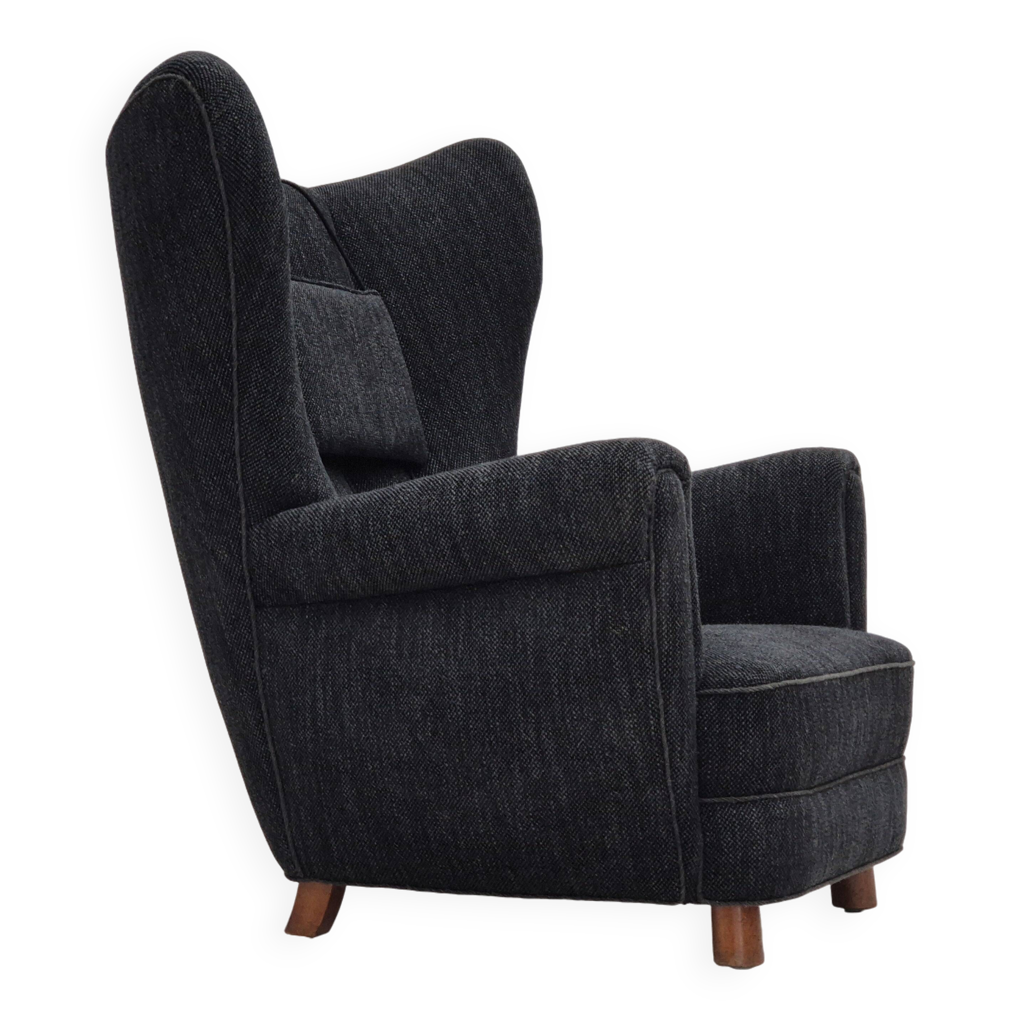 1960s, Danish relax armchair, reupholstered, gray furniture fabric..
