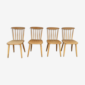 Series of 4 chairs bistro / bohemian beech - compass feet - vintage - Scandinavian 1950