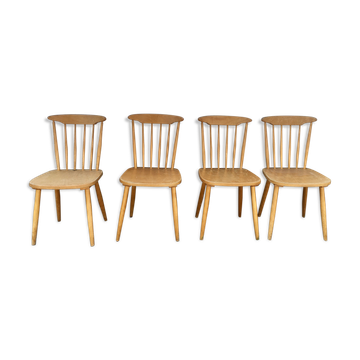 Series of 4 chairs bistro / bohemian beech - compass feet - vintage - Scandinavian 1950
