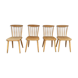 Series of 4 chairs bistro / bohemian beech - compass feet - vintage - Scandinavian 1950