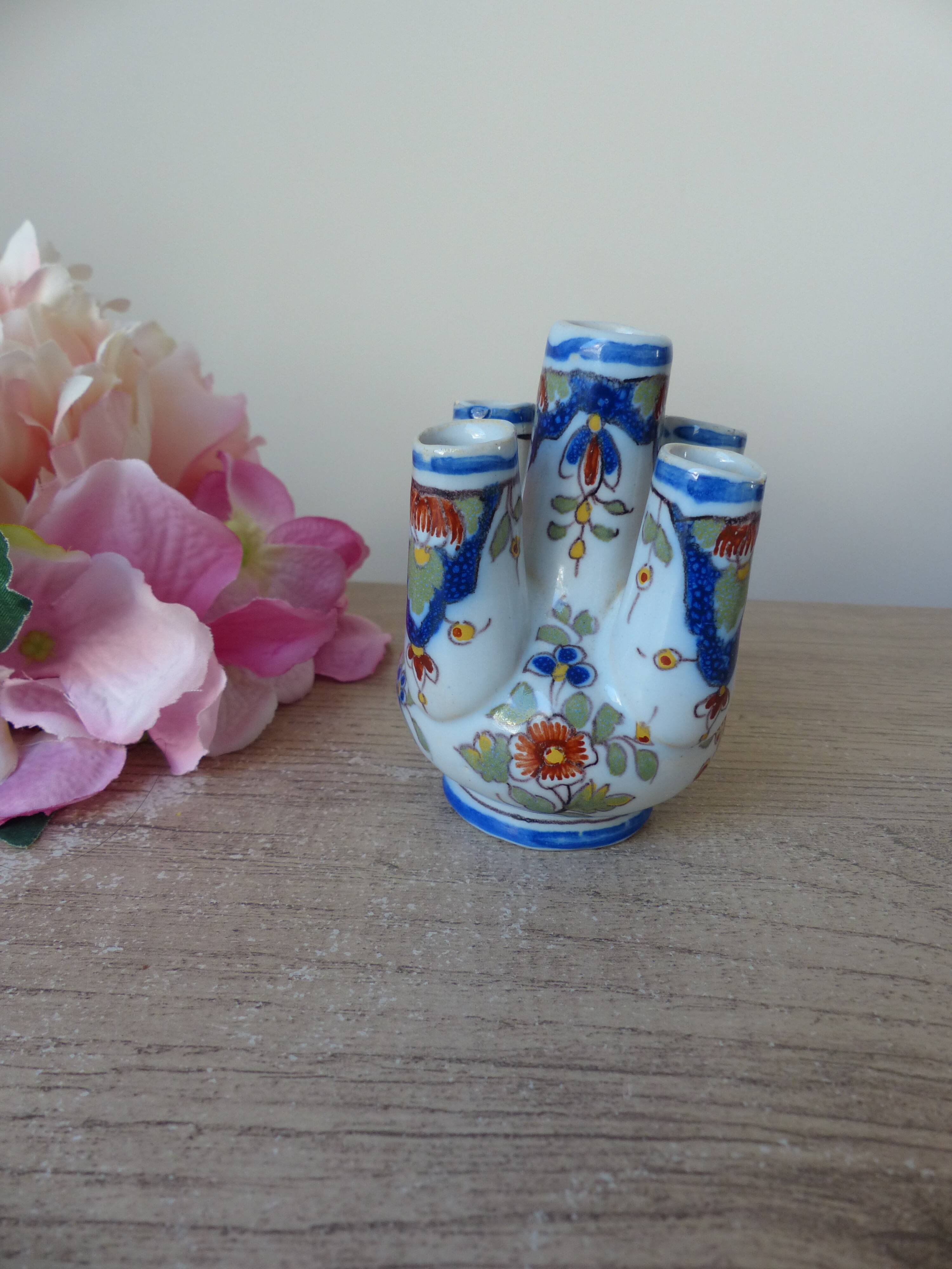 Old small flower vase, Rouen earthenware, hand-painted, miniature vase
