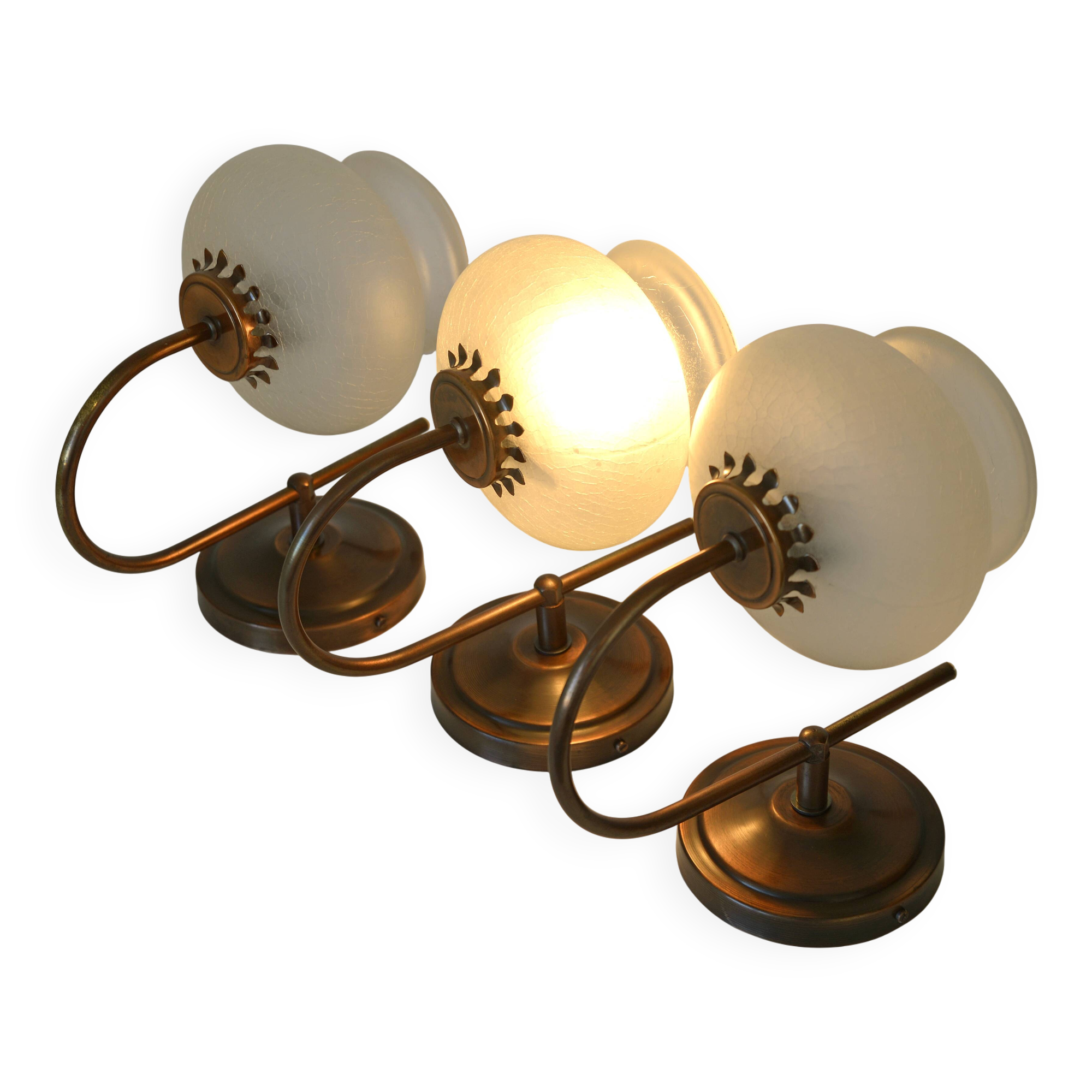 Vintage wall lamps / set of 3 / copper and ice glass rustic sconces