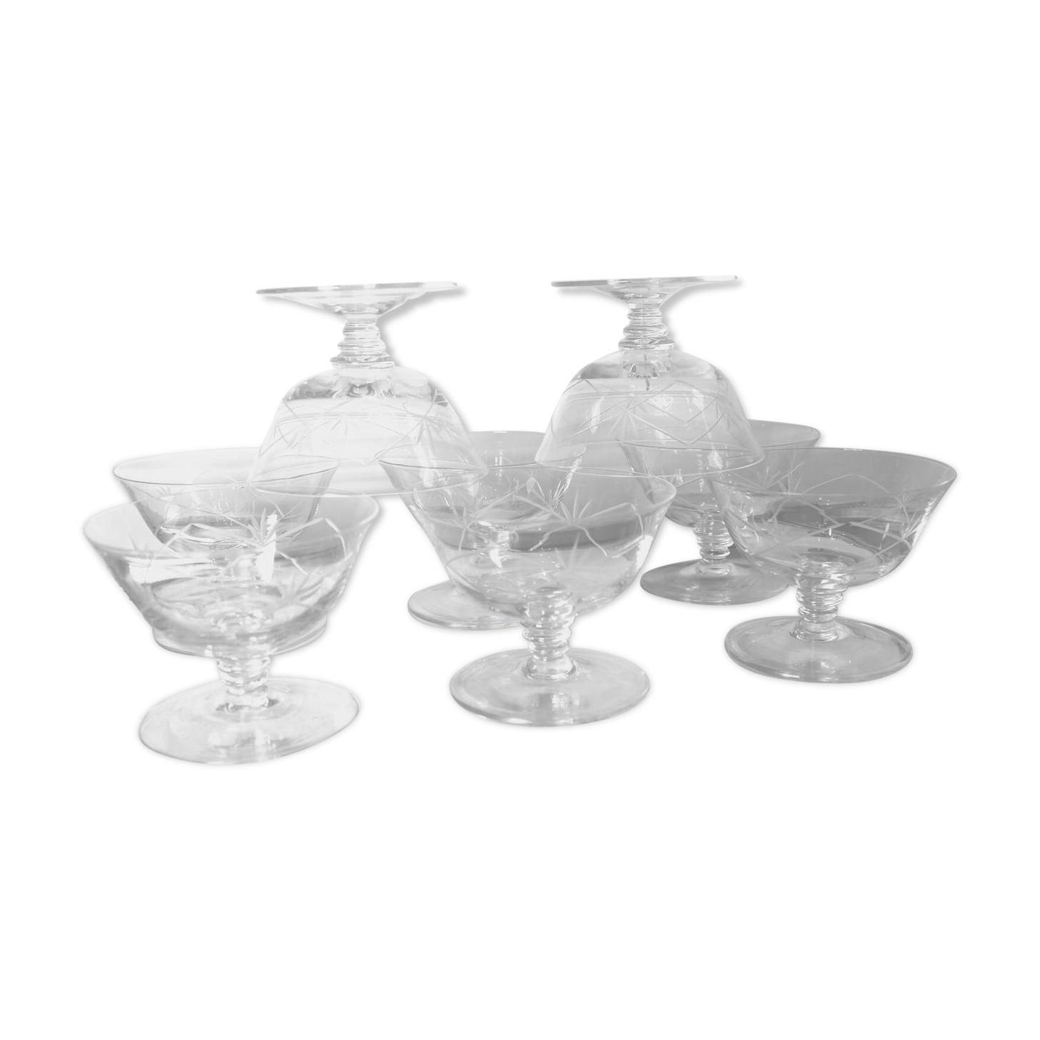 Set of 8 Champagne glasses in engraved crystal - Authentic Art Deco 1940