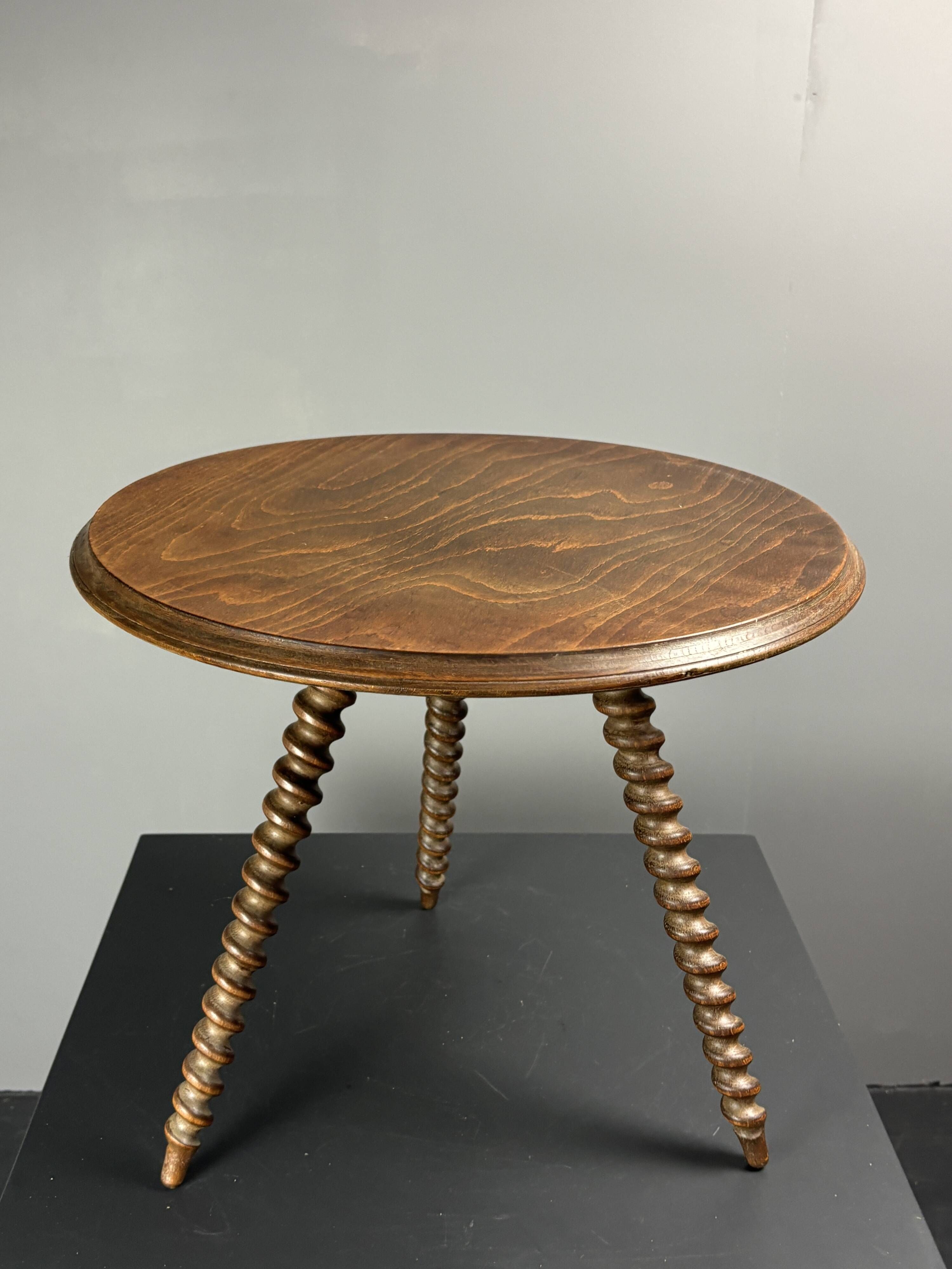 Midcentury wood turned barley twist side table with cork screw legs 1950s