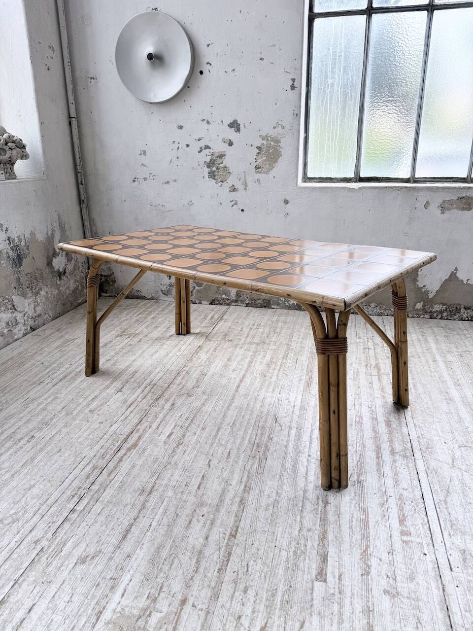 1950s rattan table with ceramic top