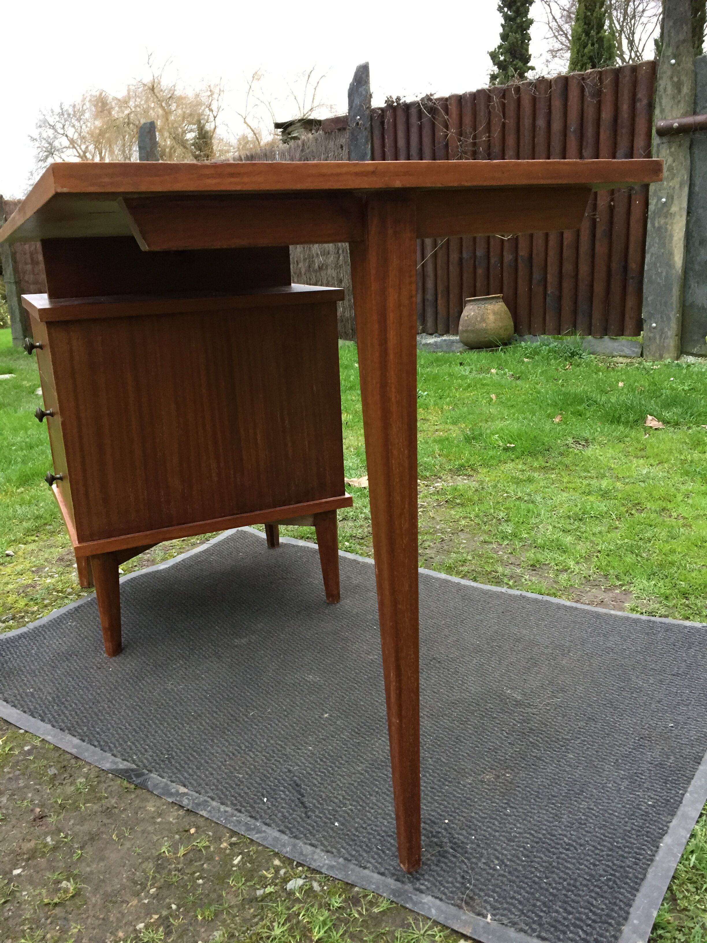Vintage teak desk with 5 feet compass and 3 drawers