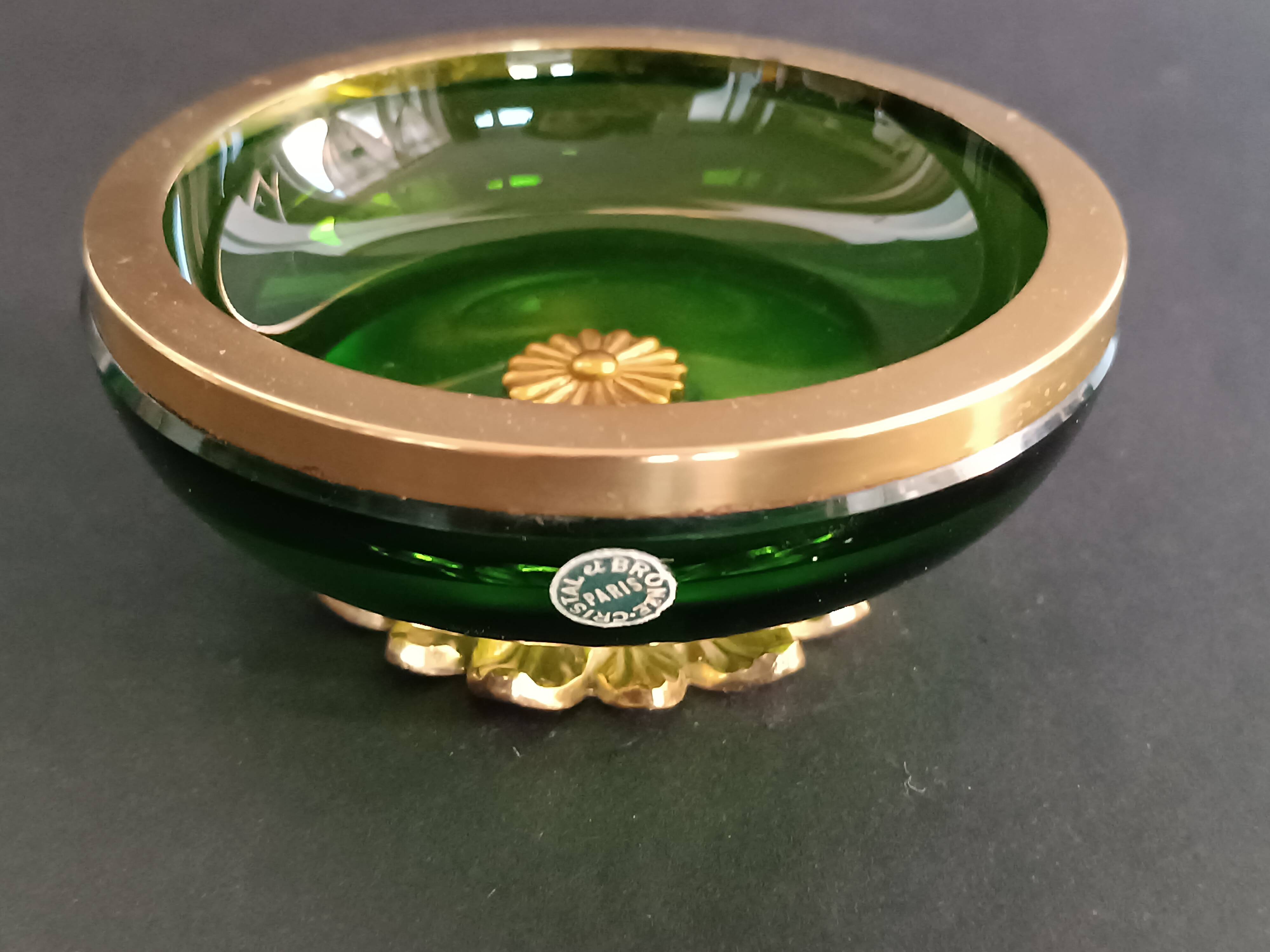 Green crystal and gilt brass bowl by Cristal & Bronze Paris