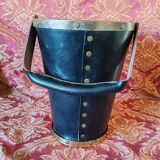 Leather and brass bucket-shaped wastepaper basket by St Valenti