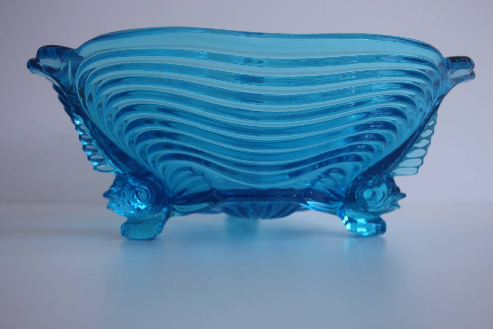 Rare Art Deco Glass Josef Inwald With Fish Feet Bowl-Gorgeous Rich Blue