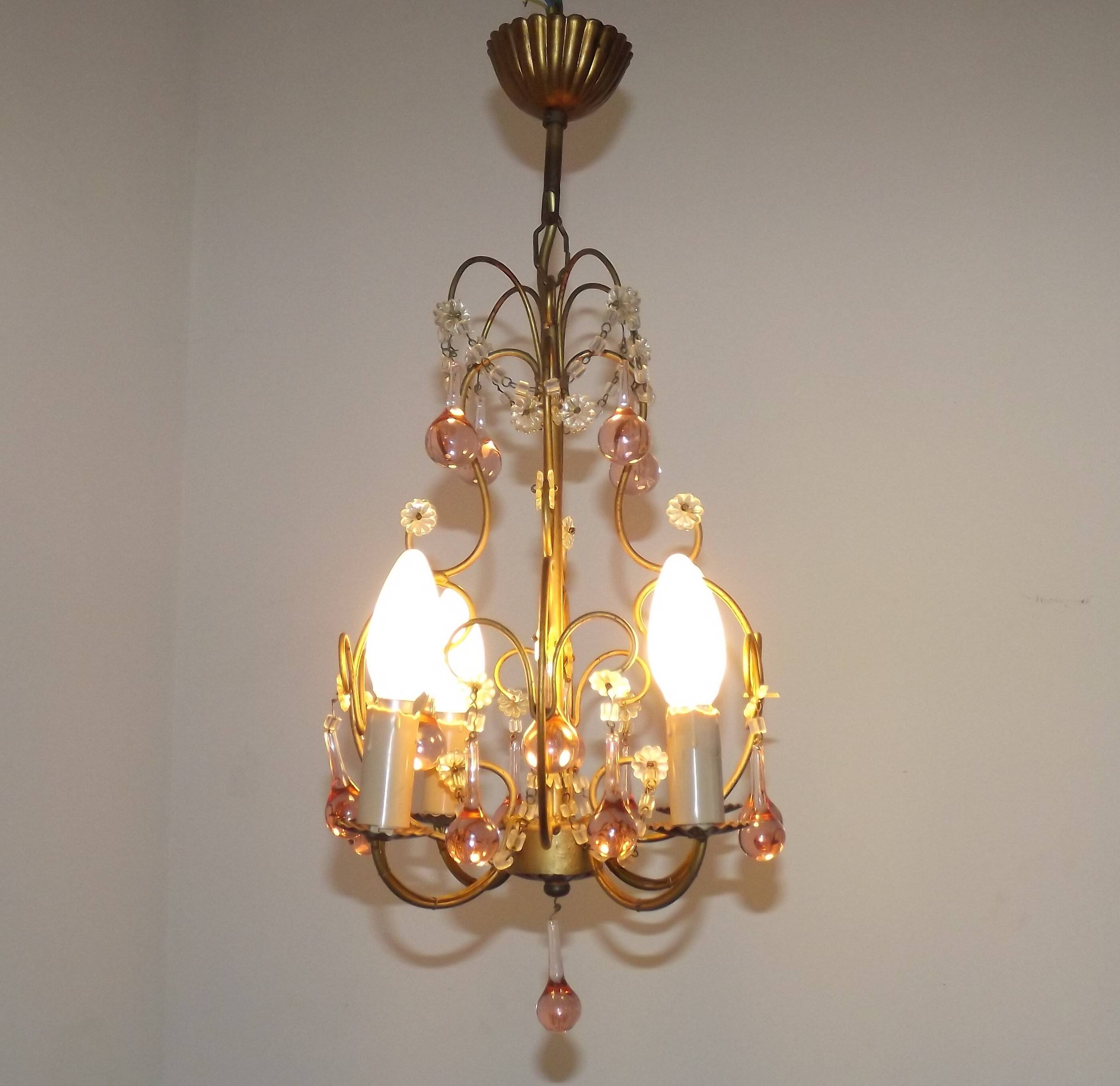 French Vintage 4 Light Metal Cage Chandelier with Bead Swag and Pink Murano Drops