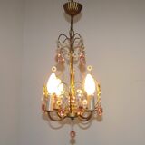 French Vintage 4 Light Metal Cage Chandelier with Bead Swag and Pink Murano Drops