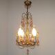 French Vintage 4 Light Metal Cage Chandelier with Bead Swag and Pink Murano Drops