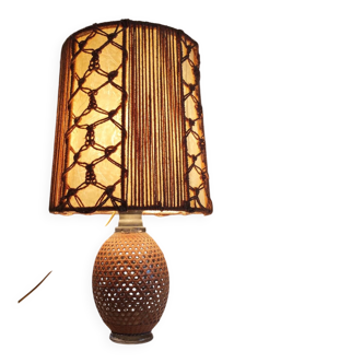 Lampe à poser en cannage et corde - années 60/70