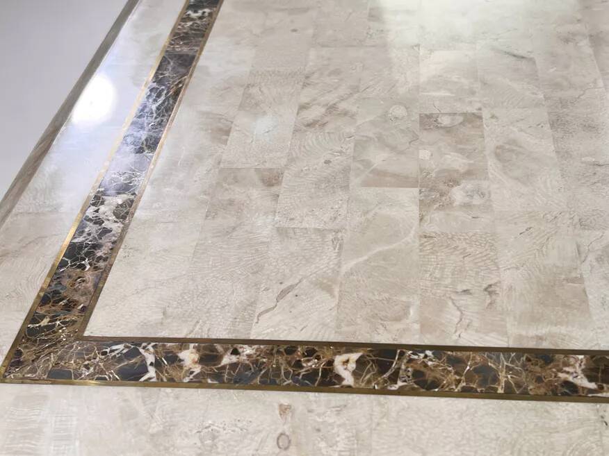 Square coffee table from the 70s - 80s in stone and brass marquetry