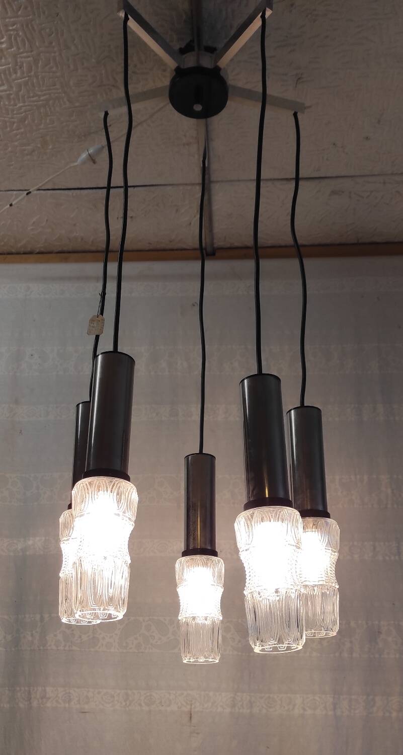 5-light chrome metal and molded glass pendant light - 70's