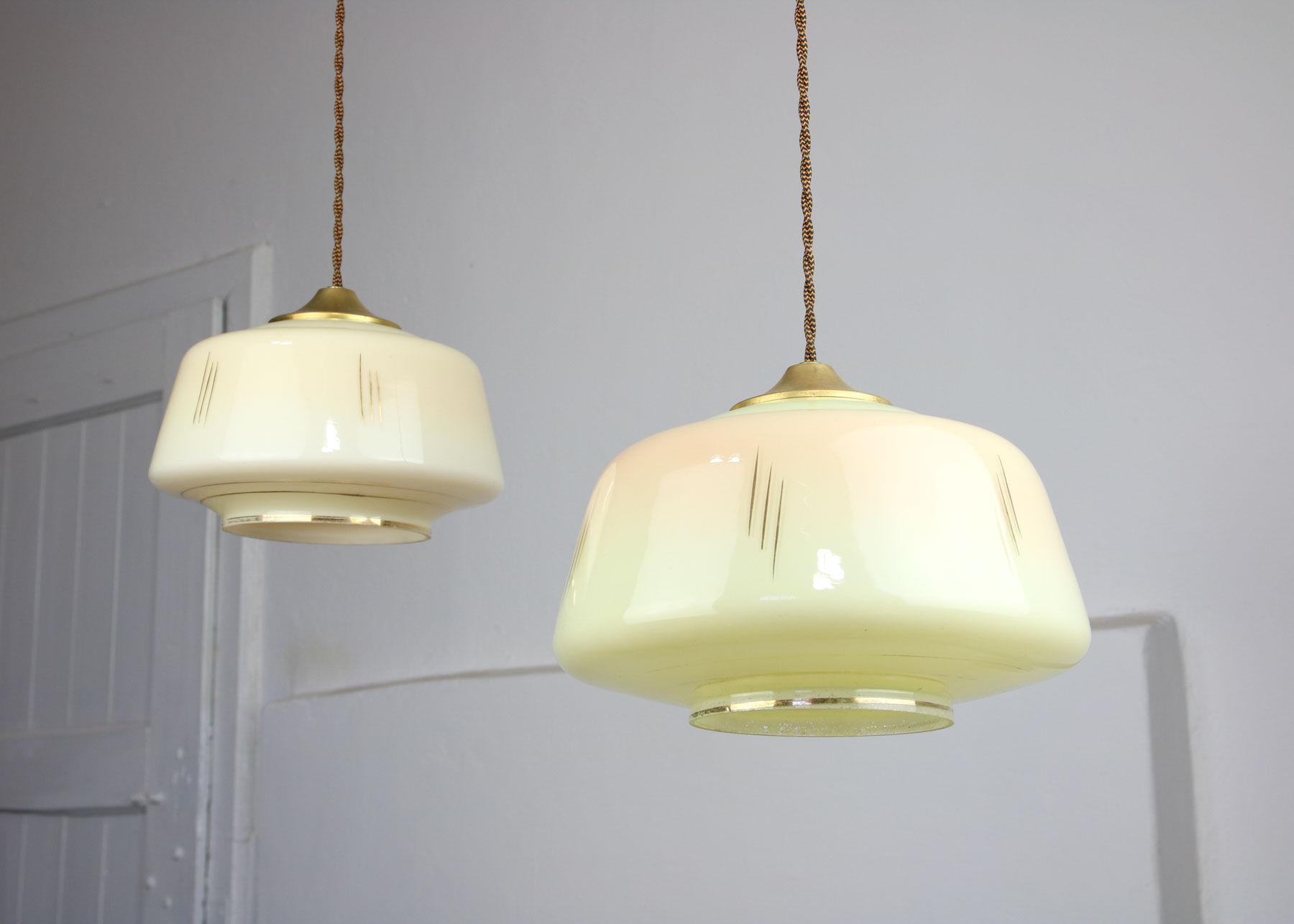 Mid-century glass & brass pendant lamps, set of 2