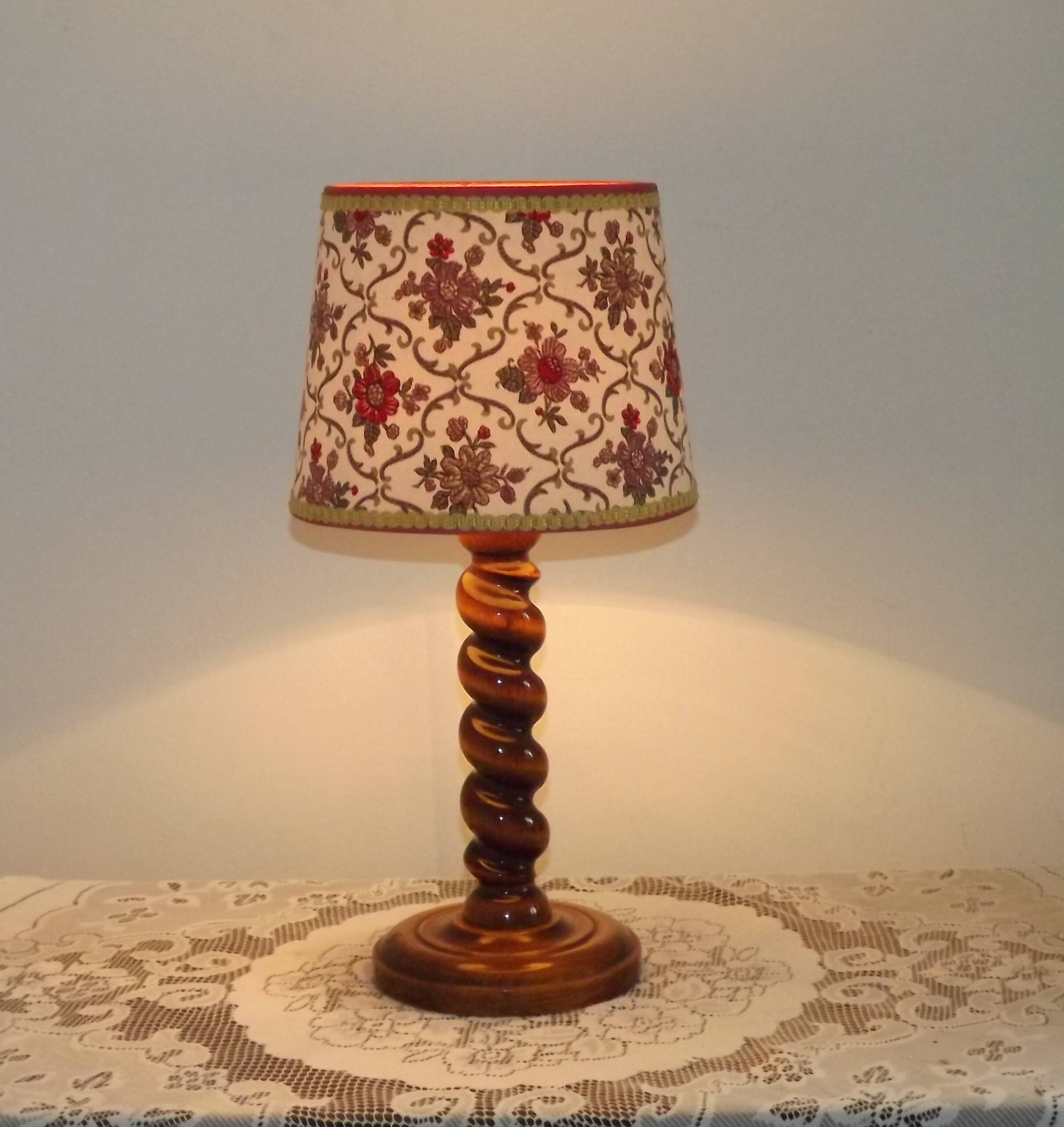 French Vintage Round Wooden Barley Twist Table Lamp With Floral Shade