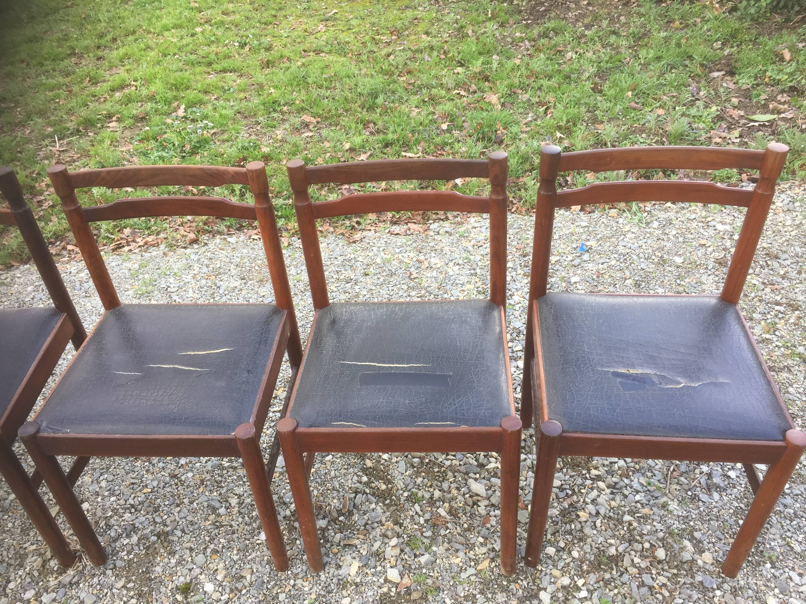 Vintage scandinavian teak chairs, black skaï seats as it is