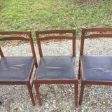 Vintage scandinavian teak chairs, black skaï seats as it is