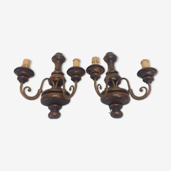Pair of wall lamps wood and gilded metal