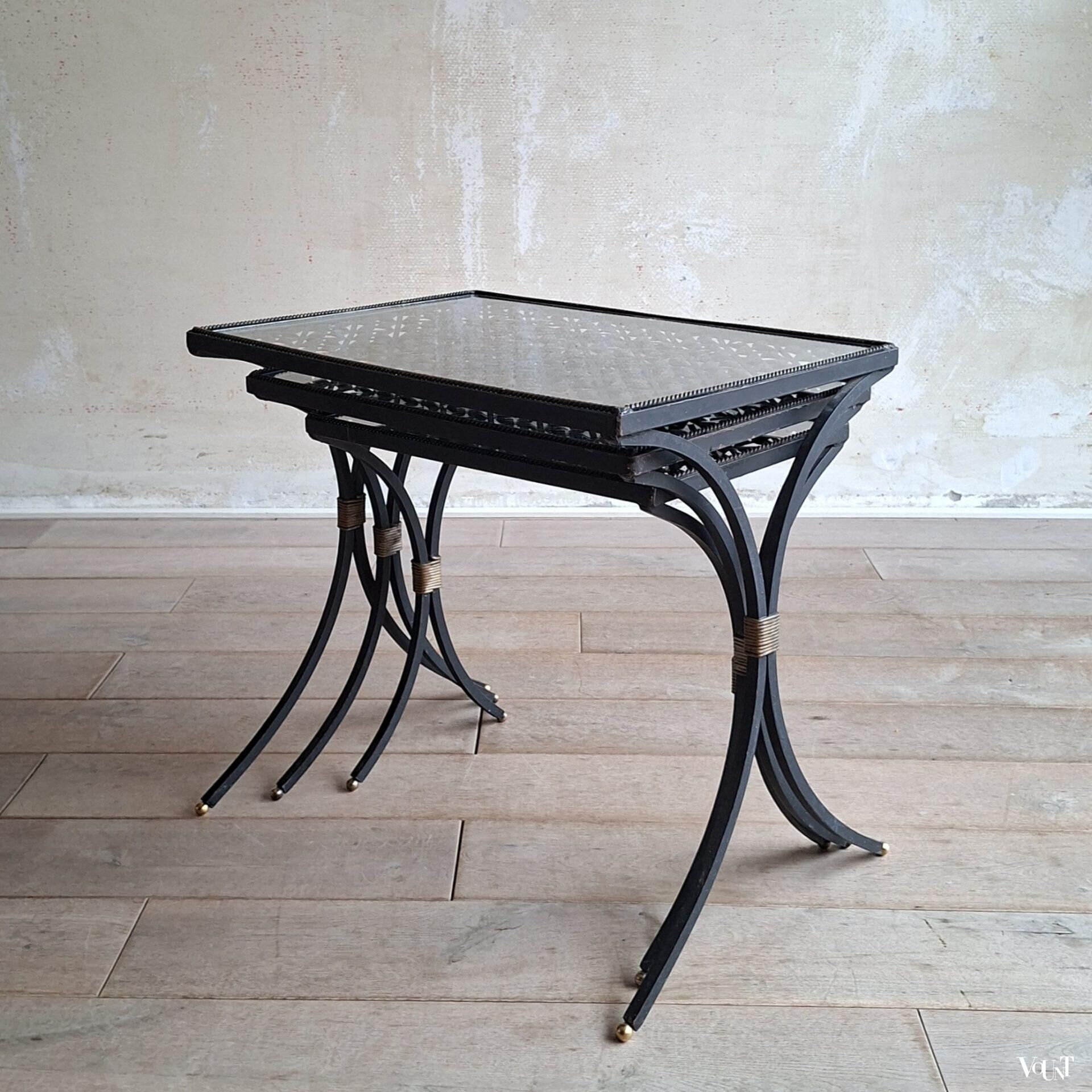 Set of 3 black wrought iron side tables with gold-coloured accents, 1950s