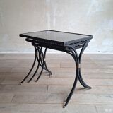 Set of 3 black wrought iron side tables with gold-coloured accents, 1950s