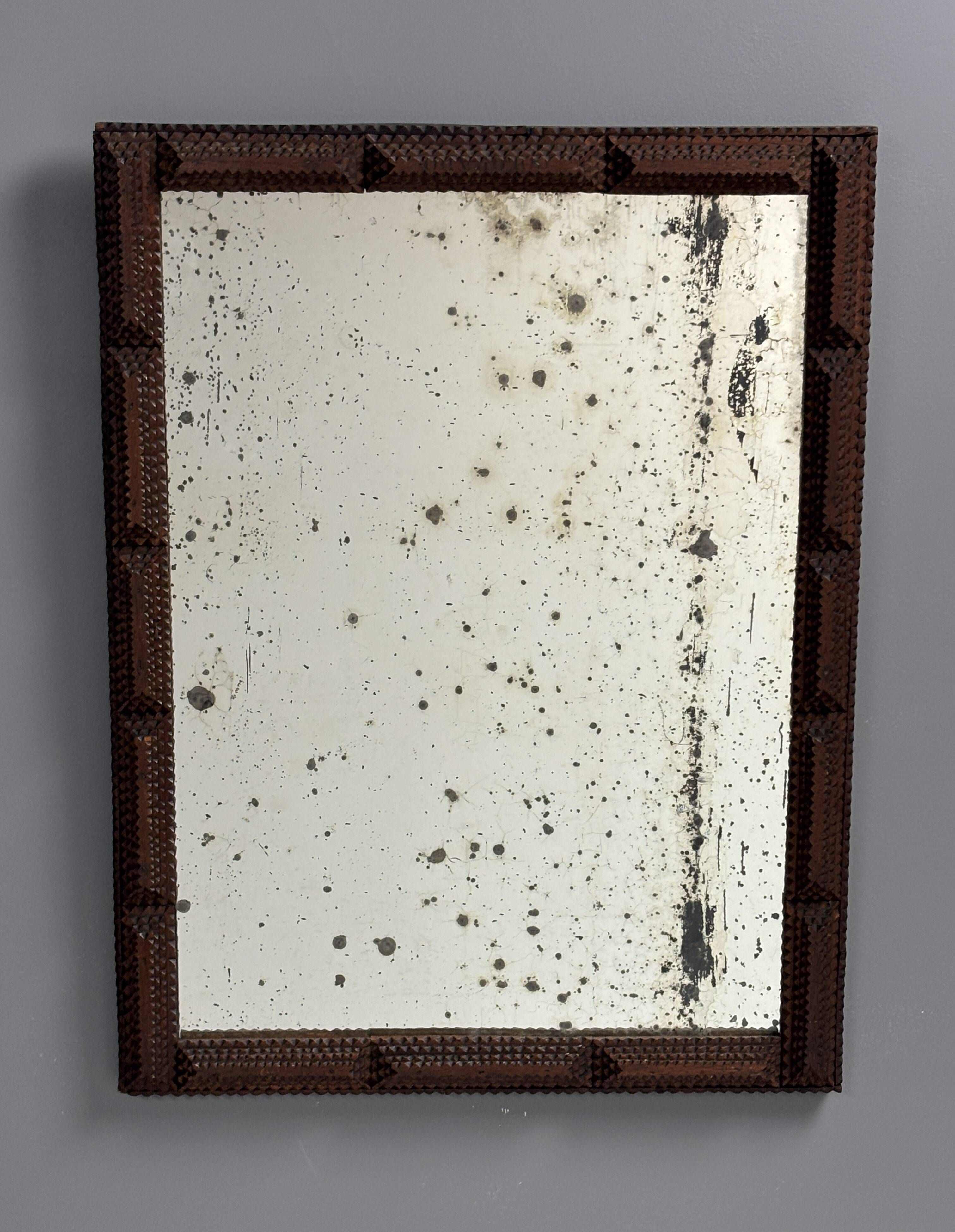 Antique tramp art folk art distressed mirror, Belgium ca 1900s