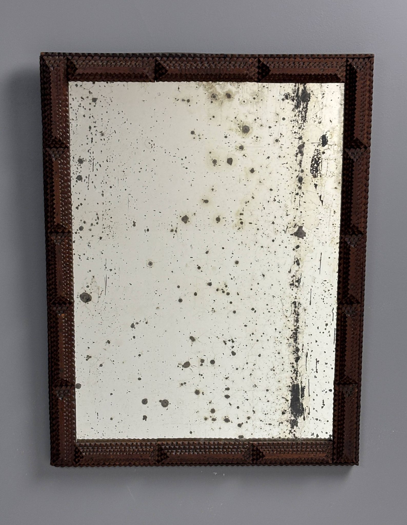 Antique tramp art folk art distressed mirror, Belgium ca 1900s