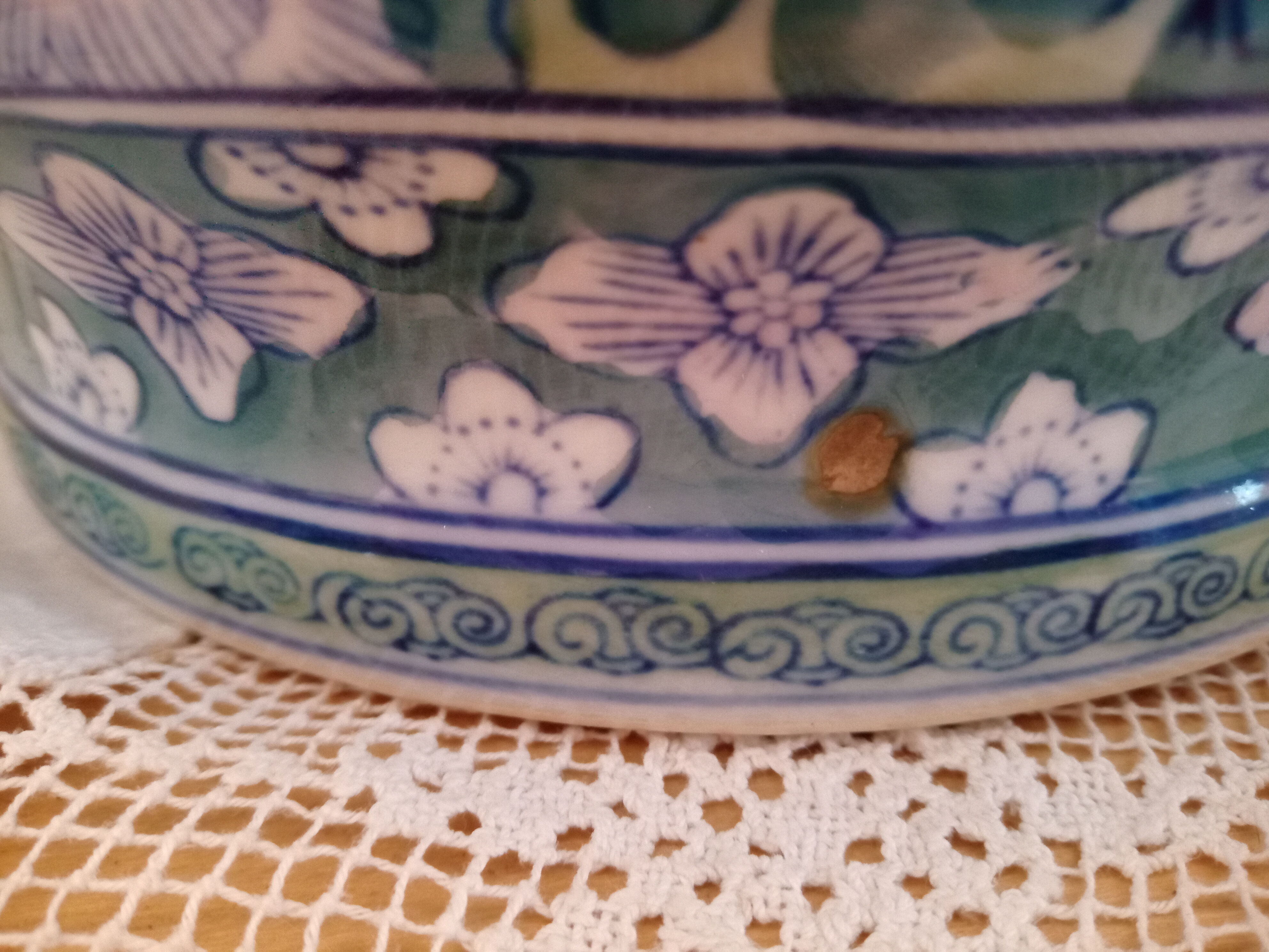 Lidded pot, Chinese ceramic urn celt decoration, blue and lilac